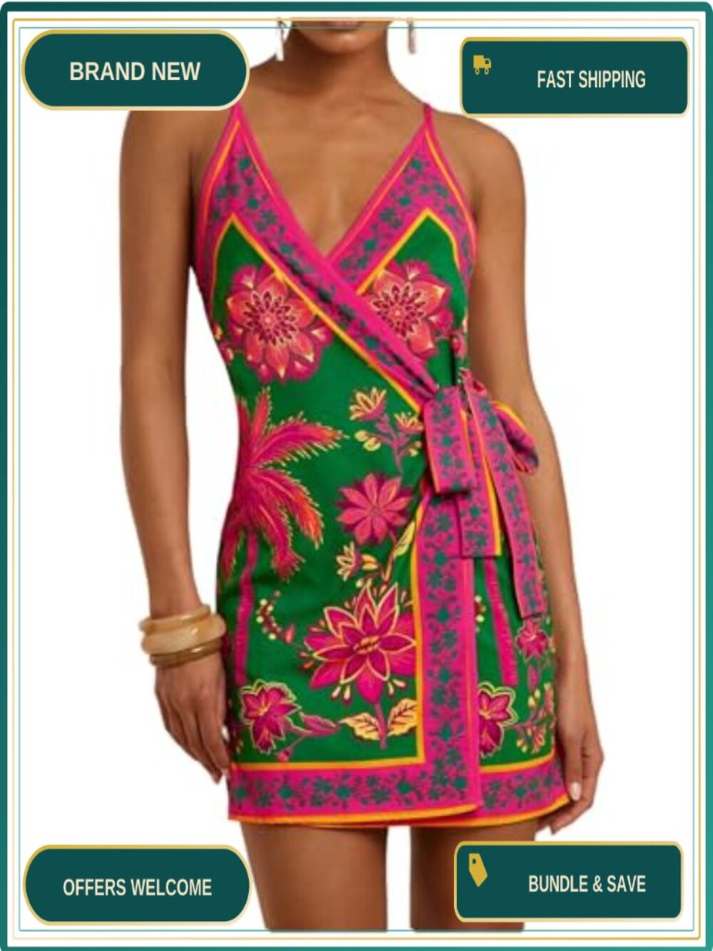 Tropical Print Wrap Dress Sleeveless Vacation Boho Mini Dress